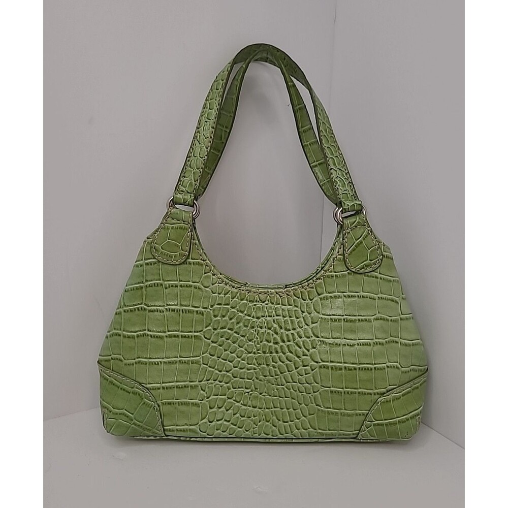 Nine West Uptown Girl Satchel Purse Shoulder Bag Faux Crocodile Embossed Green